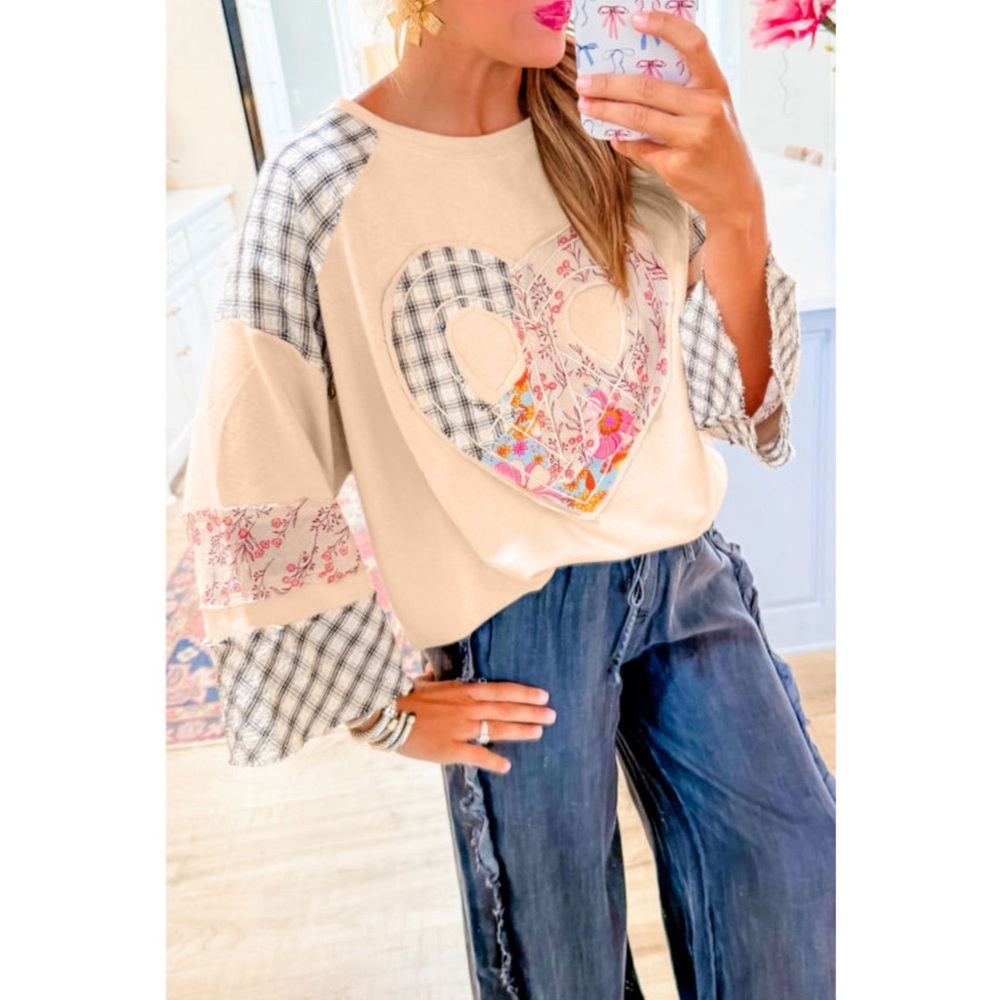 Women's Beige and Plaid Heart Patchwork Pullover Top